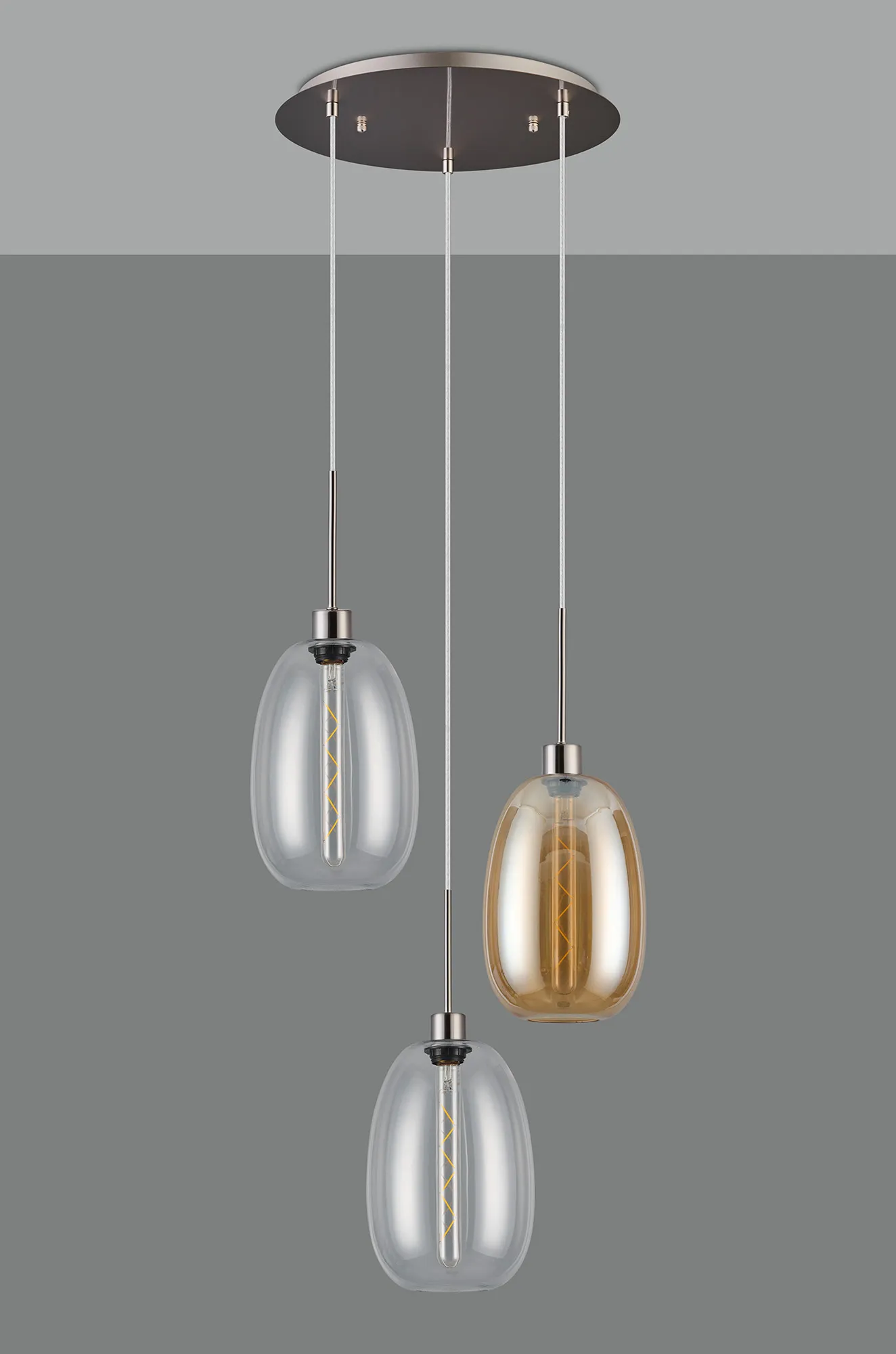 Lori 40cm Round Pendant, 3 Light Adjustable E27, Satin Nickel/Clear/Amber Slim Curved Trapezium Shades DK1364  Deco Lori Satin Nickel